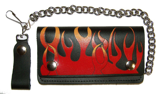 Wholesale RED FLAMES 6 INCH BIKER / TRUCKER LEATHER WALLET WITH CHAIN (Sold by the piece)