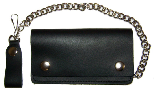 Wholesale PLAIN SOLID BLACK  6 INCH BIKER / TRUCKER LEATHER WALLET WITH CHAIN (Sold by the piece)