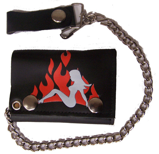 Buy TRUCKER MUDFLAP GIRL RED FLAMES TRIFOLD LEATHER WALLETS WITH CHAINBulk Price
