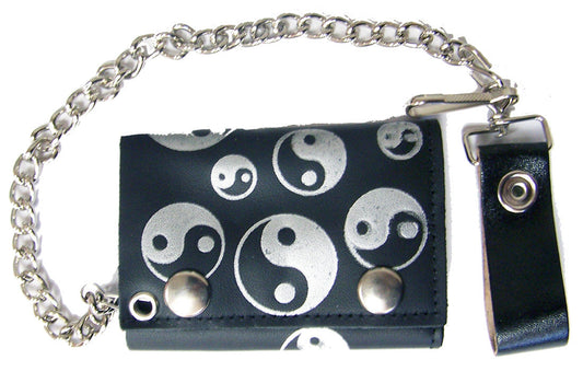 Wholesale MULTIPLE YIN YANG TRIFOLD LEATHER WALLETS WITH CHAIN (Sold by the piece)