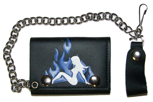 Buy TRUCKER MUDFLAP GIRL BLUE FLAMES TRIFOLD LEATHER WALLETS WITH CHAINBulk Price