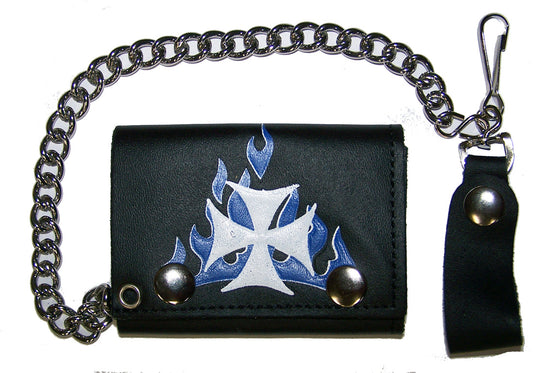 Buy IRON CROSS BLUE FLAMES TRIFOLD LEATHER WALLETS WITH CHAINBulk Price