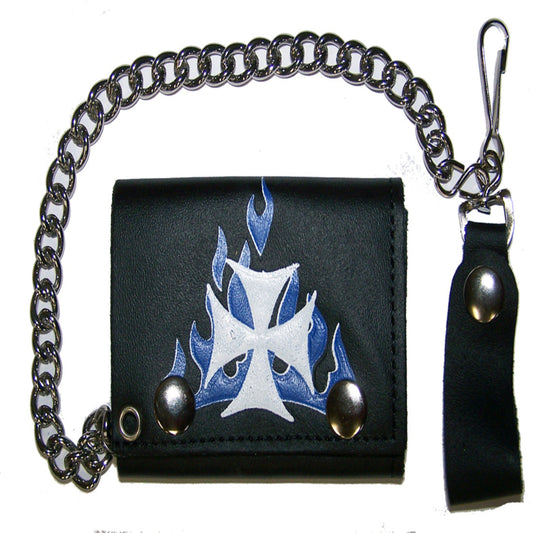 Wholesale Iron Cross Blue Flame Original Leather Wallets with Chain (Sold by the piece)