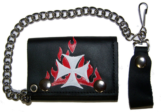 Wholesale IRON CROSS RED FLAMES TRIFOLD LEATHER WALLETS WITH CHAIN (Sold by the piece)