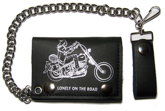 Wholesale BIKER LONELY ON THE ROAD MOTORCYCLE TRIFOLD LEATHER WALLETS WITH CHAIN (Sold by the piece)