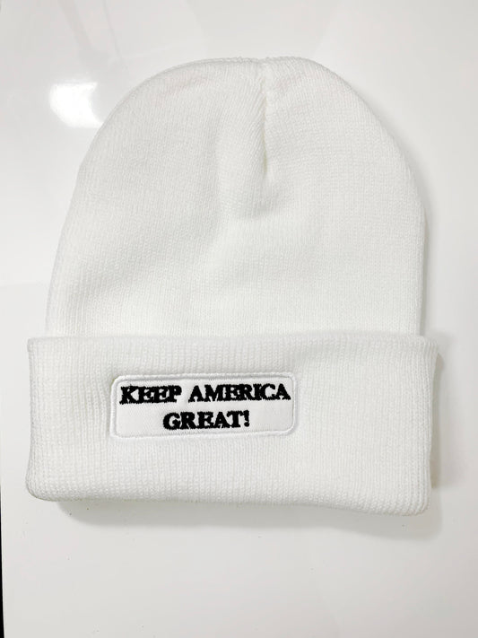 Buy KNITTED EMBROIDERED TRUMP KEEP AMERICA GREAT BEANIE CAP, WHITEBulk Price
