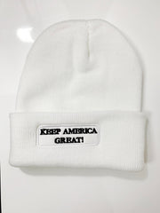Wholesale KNITTED EMBROIDERED TRUMP KEEP AMERICA GREAT BEANIE CAP, WHITE