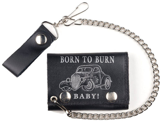Wholesale BORN TO BURN VINTAGE CAR TRIFOLD LEATHER WALLETS WITH CHAIN (Sold by the piece)