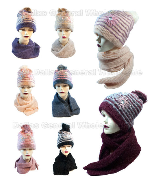 Bulk Buy Women's Studded Flower Knitted Beanie Hat with Scarf Set Wholesale