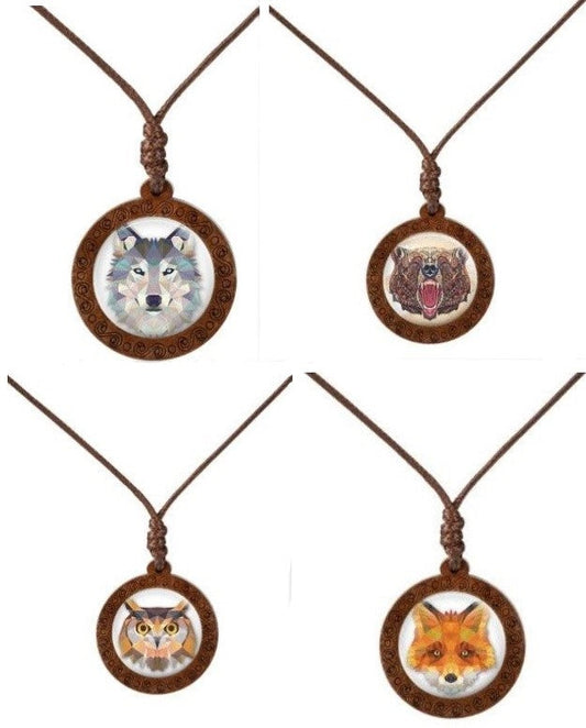Buy Wood Prism 3D Like Animal Necklaces On Adjustable Wax Rope Necklace WOLF, BEAR, FOX, OWL, TIGER(sold by the piece)Bulk Price