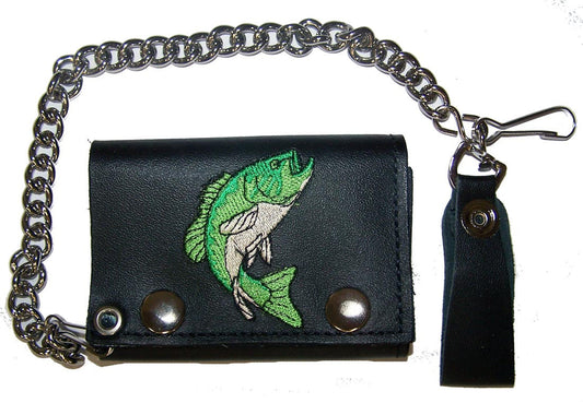 Wholesale EMBROIDERED FISH TRIFOLD LEATHER WALLET WITH CHAIN (Sold by the piece)