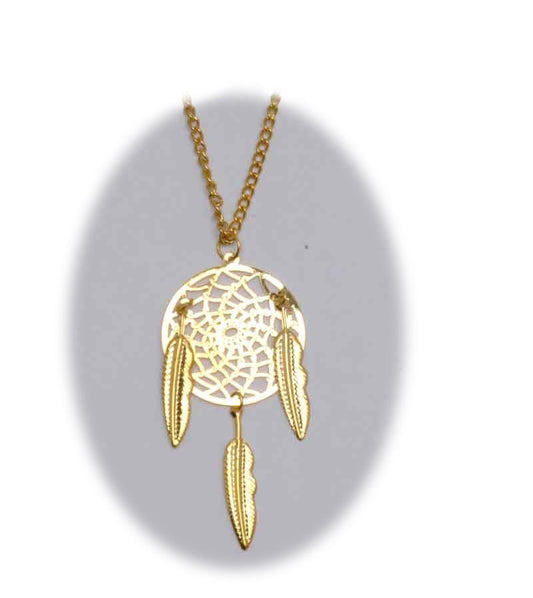 Wholesale 18 INCH METAL DREAM CATCHER GOLD NECKLACE WITH FEATHERS (SOLD BY THE PIECE)