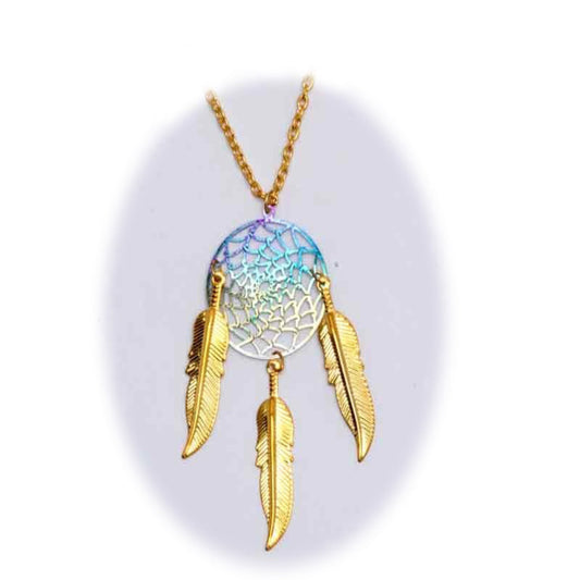 Buy 18 INCH METAL DREAM CATCHER GOLD RAINBOW NECKLACE WITH FEATHERSBulk Price