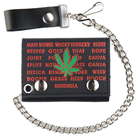 Wholesale Leather Kronic Marijuana Strains Trifold Wallets with Chains (sold by the piece)