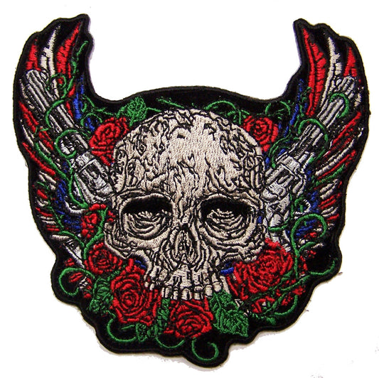 Wholesale INHOUSE SKULL GUNS ROSES 4 INCH EMBROIDERED PATCH ( sold by the piece )