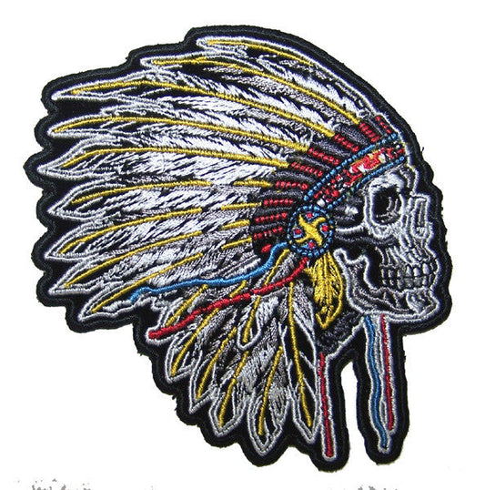 Wholesale FEATHER BONNETT SKULL EMBROIDERED 4 INCH PATCH ( sold by the piece )