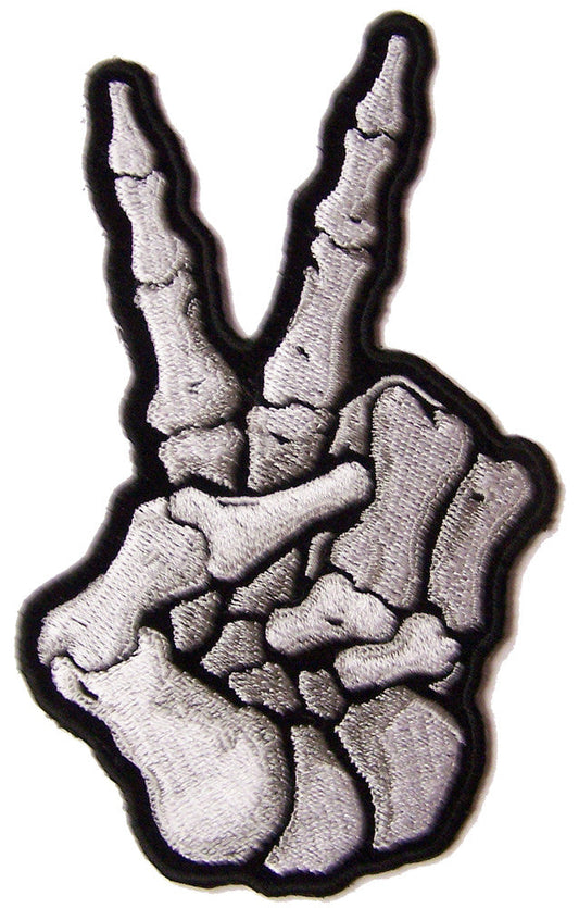 Wholesale SKELETON HAND PEACE SIGN BONES 5 INCH EMBROIDERED PATCH ( sold by the piece )