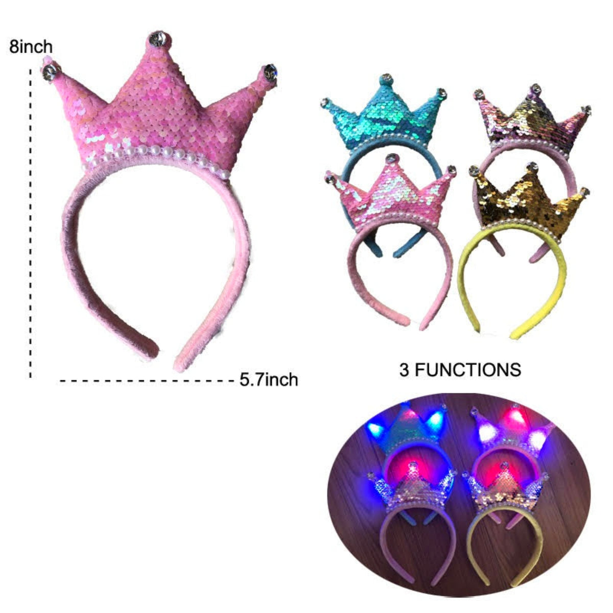 Wholesale Kallory Diadema Light Up 3-Function Sequin Pearl Princess Crown Headband (sold by the piece or dozen)