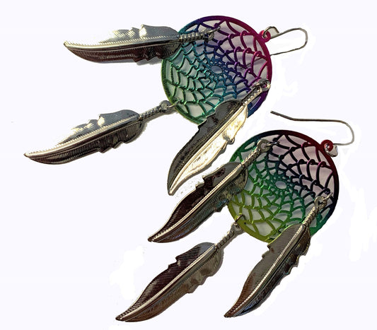 Buy 3 INCH METAL DREAM CATCHER RAINBOW with SILVER DANGLE EARRINGS WITH FEATHERS (SOLD BY THE PAIR)Bulk Price