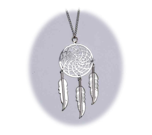 Wholesale 18 INCH METAL DREAM CATCHER SILVER NECKLACE WITH FEATHERS (SOLD BY THE PIECE)