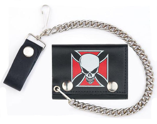 Buy SKULL RED IRON CROSS TRIFOLD LEATHER WALLETS WITH CHAINBulk Price