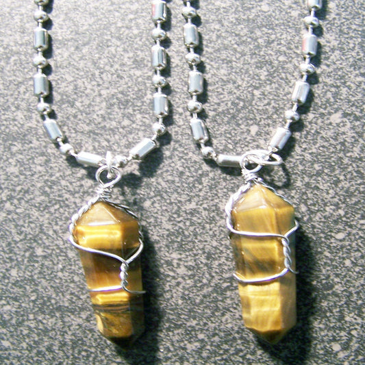 Wholesale Stainless Steel Ball Chain Necklace With Wire Wrapped Tiger Eye Crystal Pendant (sold by the piece or dozen)