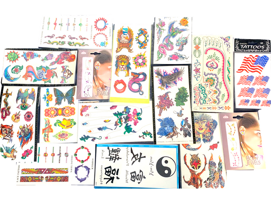 Wholesale 50 CARD BULK LOT OF TEMPORARY ASSORTED TATTOOS. HAIR , HAND, ARM, + BODY JEWEL STICK ONS