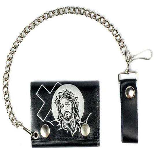 Wholesale esus with Cross Religious Trifold Leather Wallets with Chain (Sold by the piece)