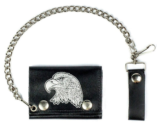 Wholesale EAGLE HEAD  TRIFOLD LEATHER WALLETS WITH CHAIN (Sold by the piece)