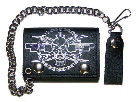 Wholesale SKULL MOTORCYCLE CHAIN TRIFOLD LEATHER WALLET WITH CHAIN (Sold by the piece)