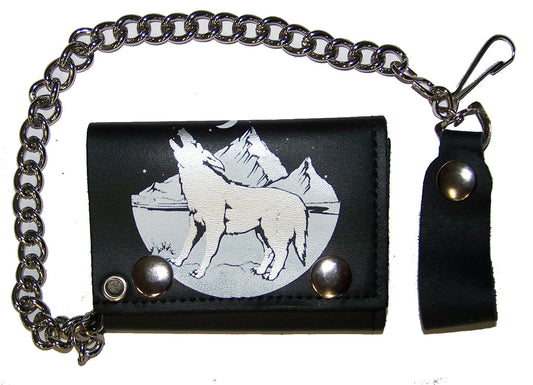Wholesale HOWLING WOLF TRIFOLD LEATHER WALLET WITH CHAIN (Sold by the piece)