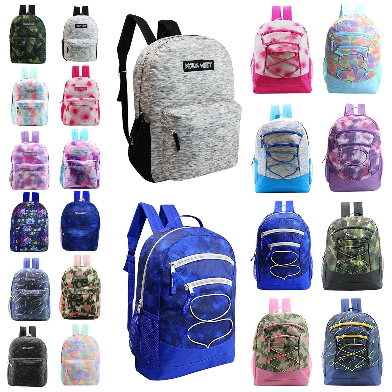 Buy 24 Pack of 17" Bungee Wholesale Backpack in Assorted Prints - Bulk Case of 24