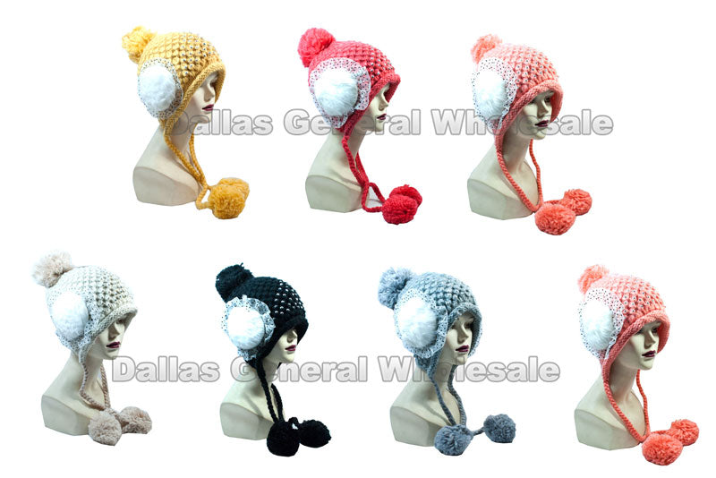 Bulk Buy Girls Fashion Winter Beanie Caps with Furry Balls Wholesale