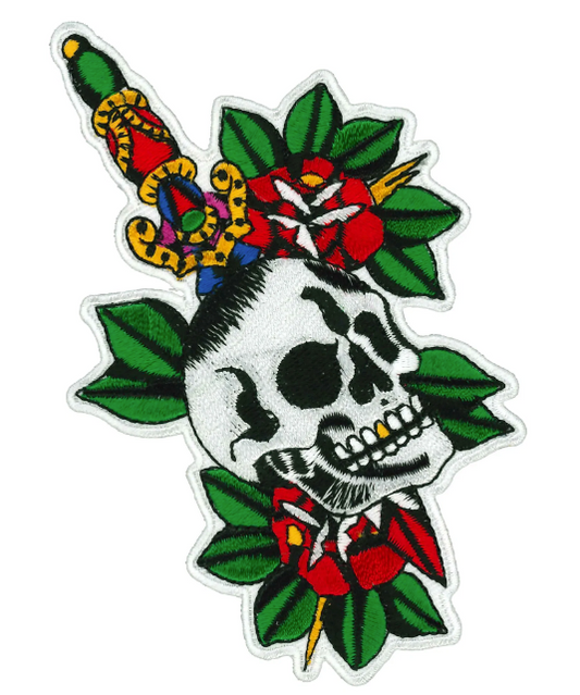 Buy 5" x 3" VIBRANT SKULL WITH DAGGER AND ROSES PATCHBulk Price